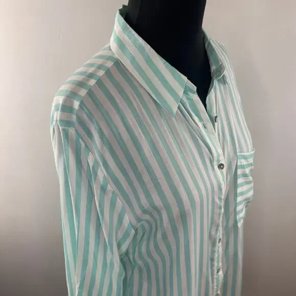 Grand & Green Green White Top Rayon Striped Pleated Button-Up Size Medium M - Picture 5 of 9